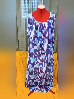 NWOT Milano Sleeveless Vibrant Purple & Blue Abstract Ruffled Maxi Dress Size 14